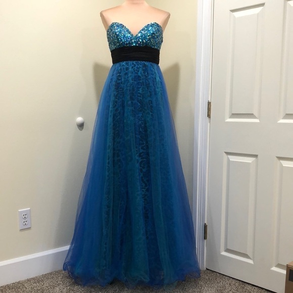Jovani Leopard Sequin Leopard Strapless Gown Formal Dress Size 0 Y2K Blue Green - Picture 2 of 8
